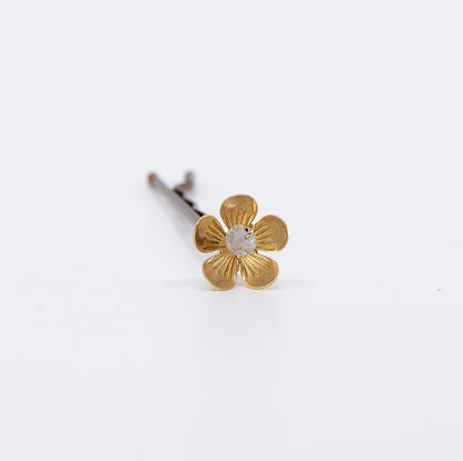 Brass Flower and Mother of Pearl, Pearl, Moonstone Hairpins