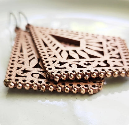 Turquoise and Copper Wrapped Rose Gold Wood Dangle Earrings