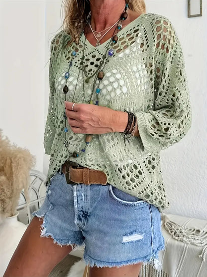Green Bohemia -  V-Neck  Semi-Sheer Resort Style Pullover