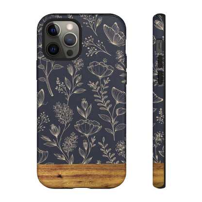 Floral Navy Tough Phone Case — Wood Accent Protective Cover