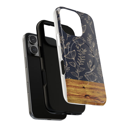 Floral Woodgrain Tough Magnetic Phone Case — Navy Botanical Protection