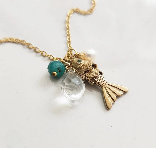 Fish Charm and Gemstone Pendant Necklaces, Pisces Zodiac