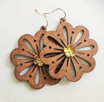 Wood & Brass Flower Boho Dangle Earrings, Polka Dot Details