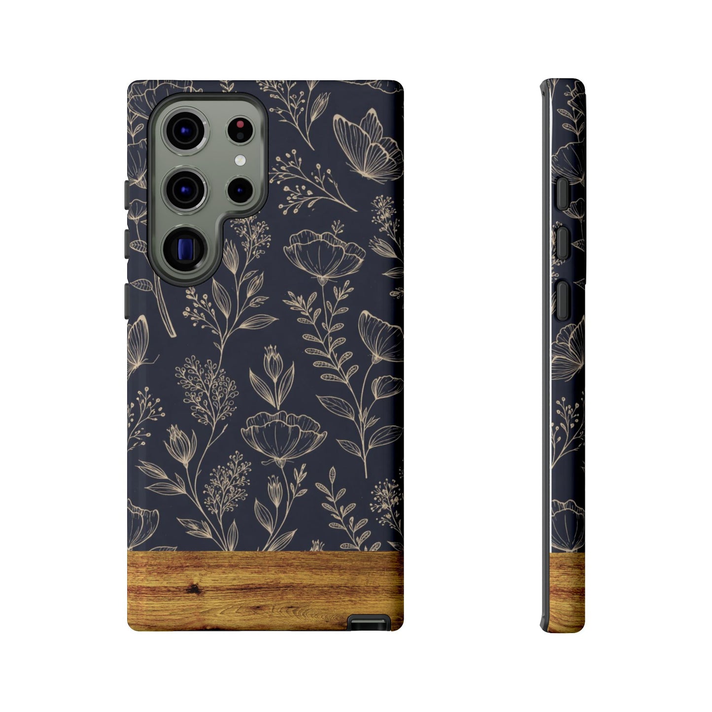 Floral Navy Tough Phone Case — Wood Accent Protective Cover