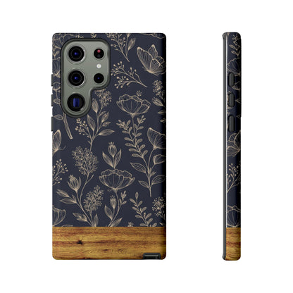 Floral Navy Tough Phone Case — Wood Accent Protective Cover