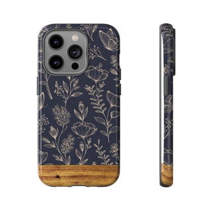 Floral Navy Tough Phone Case — Wood Accent Protective Cover
