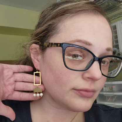 Freshwater Pearl and Brass Geometric Chandelier Earrings