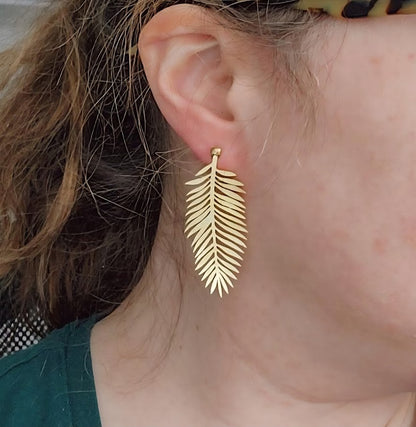 Brass Fern Frond and Boston Fern Post Statement Earrings