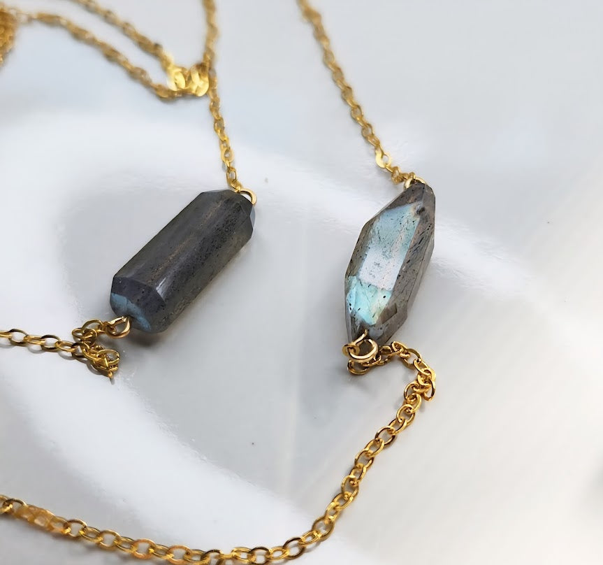 Faceted Rainbow Labradorite Organic Rectangular Bar Necklace