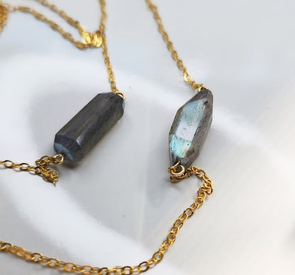 Faceted Rainbow Labradorite Organic Rectangular Bar Necklace