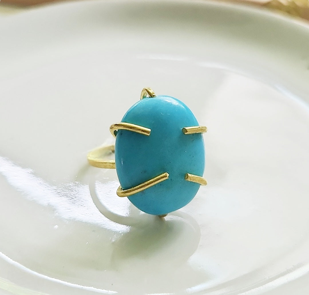 Bright Blue Natural Turquoise and Brass Adjustable Ring