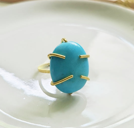 Bright Blue Natural Turquoise and Brass Adjustable Ring