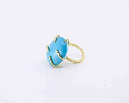 Bright Blue Natural Turquoise and Brass Adjustable Ring