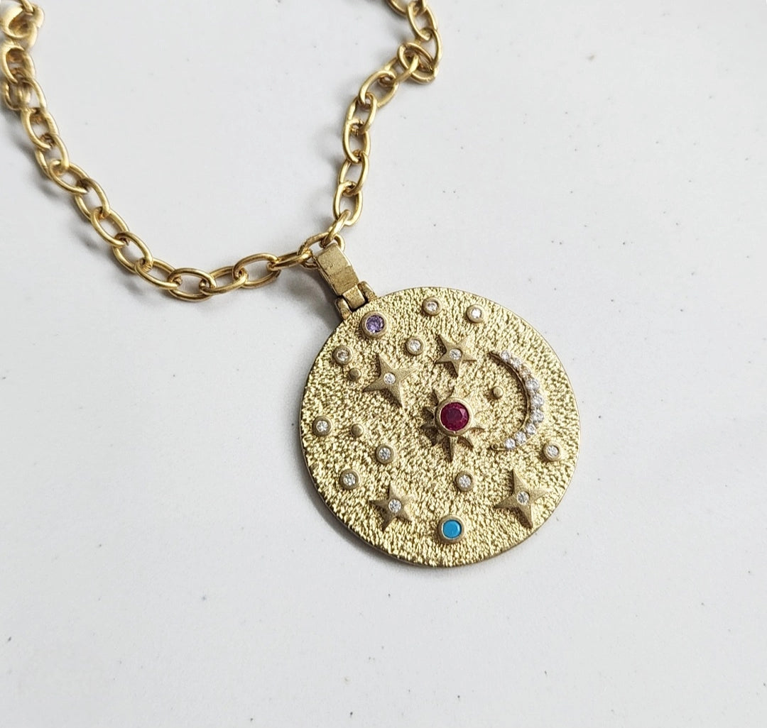 Stars and Moon Zodiac Charm, Cz & Purple Sapphire Necklaces