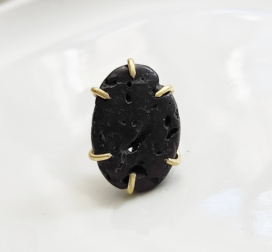 Natural Black Lava Rock and Brass Adjustable Ring