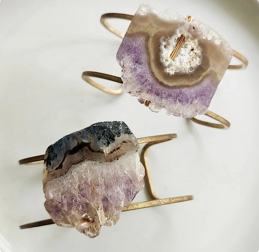 Natural Amethyst Druzy and Brass Wire Wrapped Cuff Bracelet
