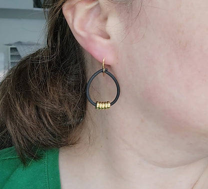 Beaded Black Rubber and Brass Edgy Hoop Dangle Earrings