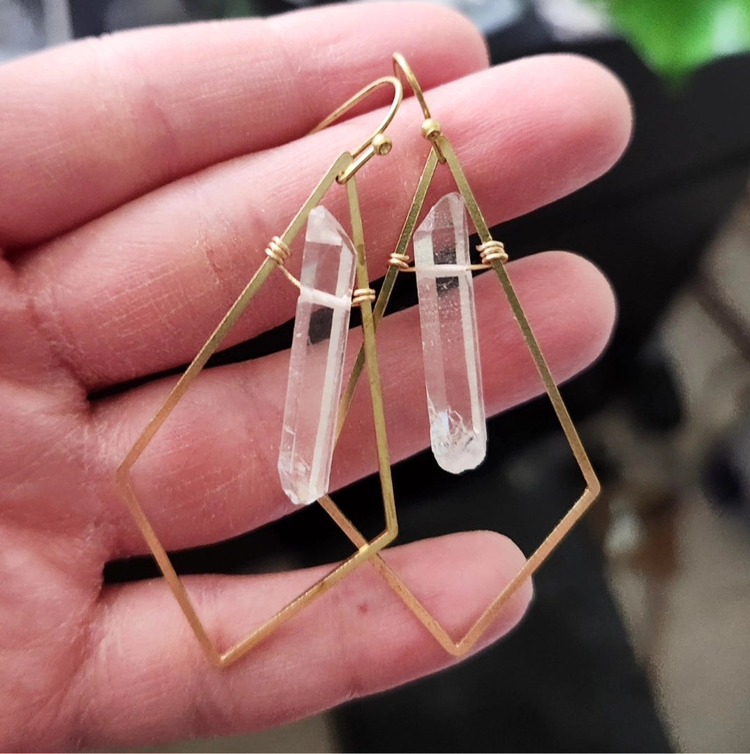Natural Quartz Crystal and Brass Diamond Dangle Earrings
