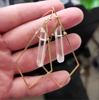 Natural Quartz Crystal and Brass Diamond Dangle Earrings