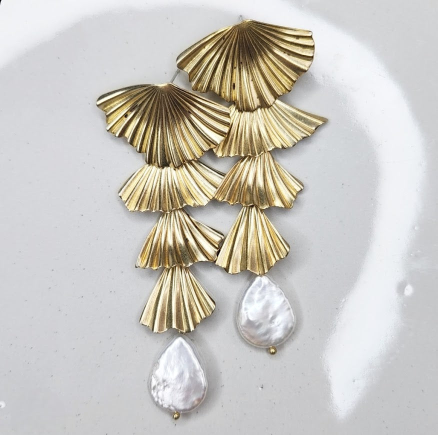 Fluted Brass Fan/Leaf and Freshwater Pearl Post Earrings