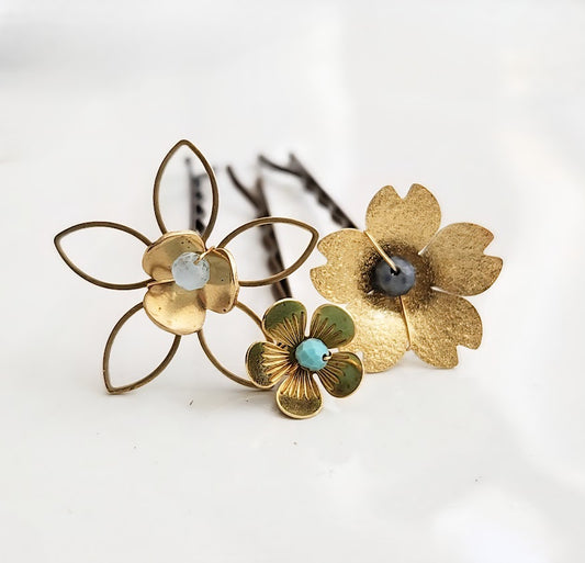 Brass Flower and Aquamarine, Turquoise and Lapis Hairpins