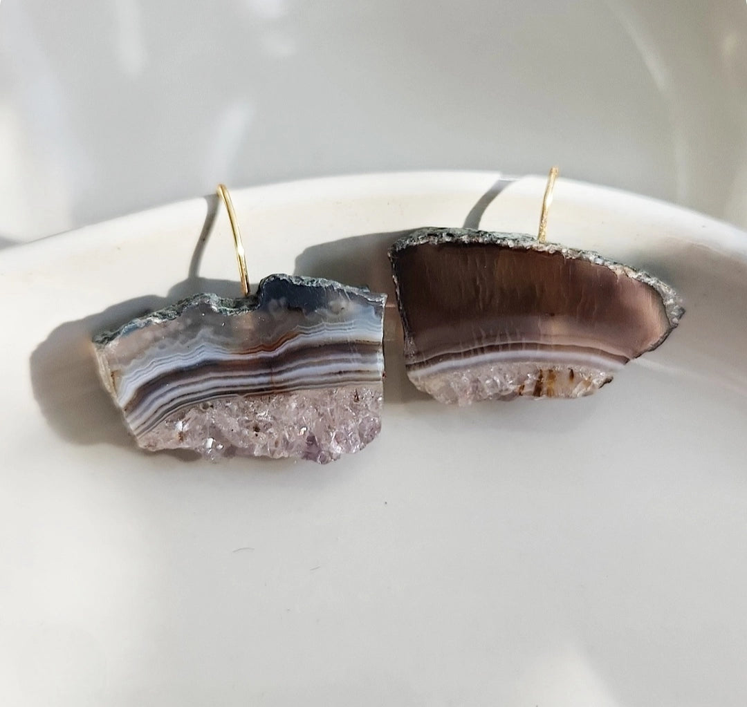 Natural Amethyst Druzy Slice Seamless Dangle Earrings