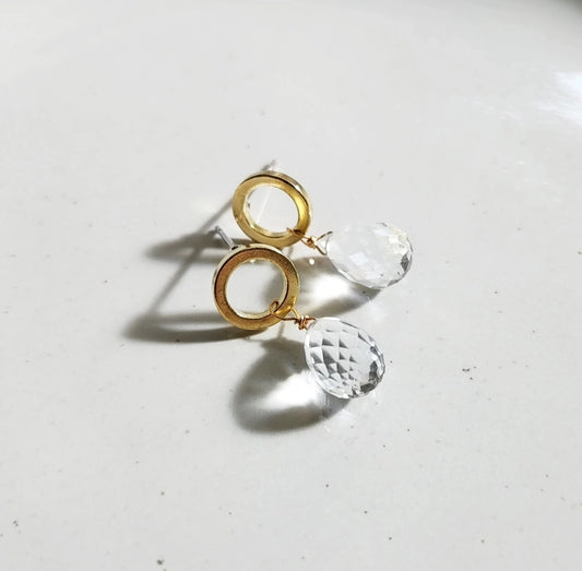 Sparkling Quartz Briolette and Brass Circle Post Earrings