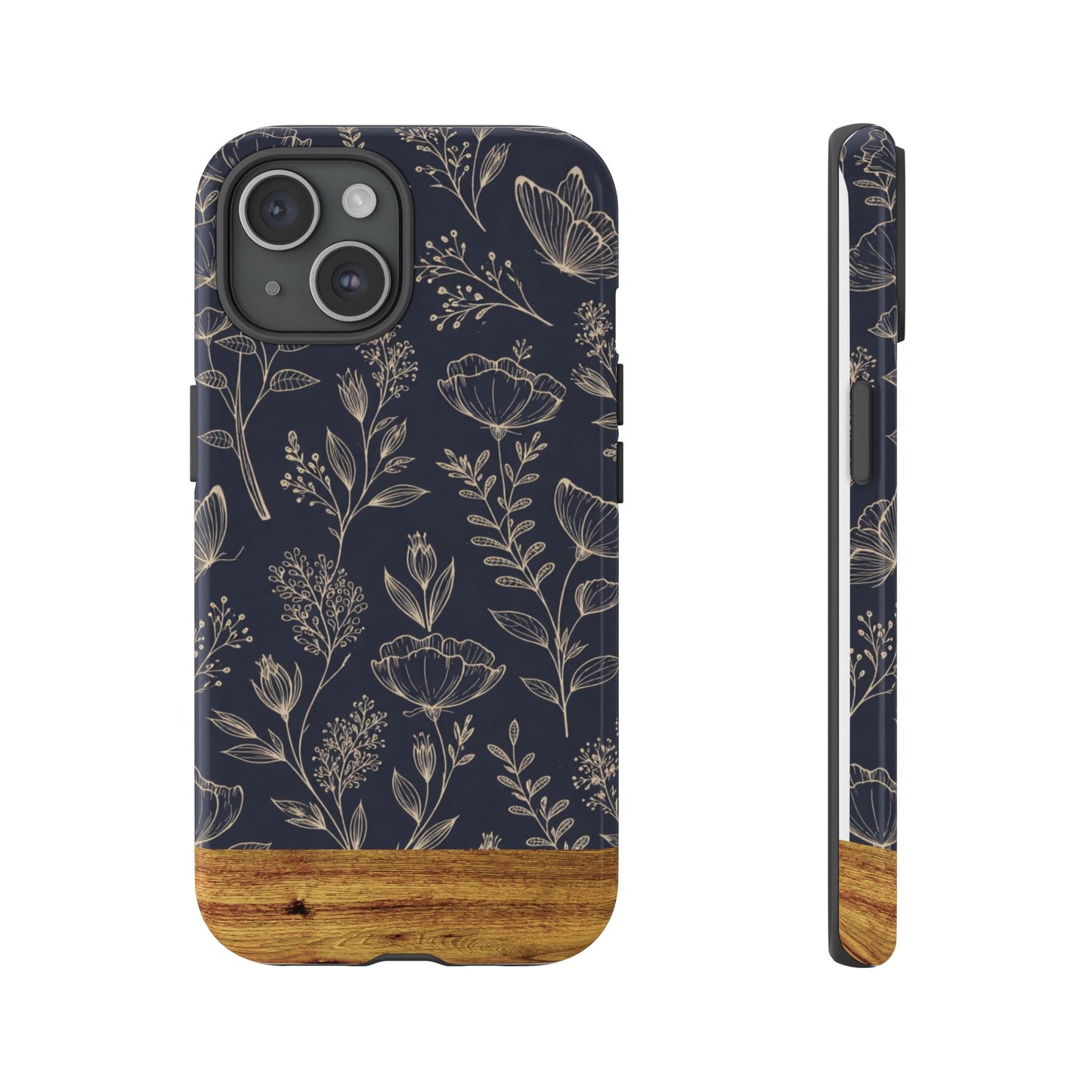 Floral Navy Tough Phone Case — Wood Accent Protective Cover