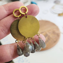 Rainbow Labradorite and Brass Geometric Chandelier Earrings