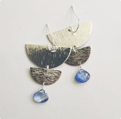 Blue Kyanite and Texture Brass, Silver Moon Phase Earrings