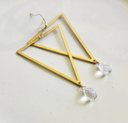Bold Brass Triangles and Gemstone Statement Dangle Earrings