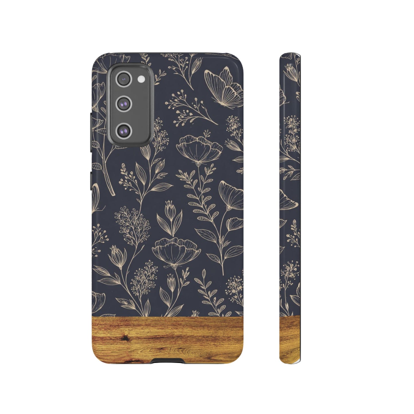 Floral Navy Tough Phone Case — Wood Accent Protective Cover