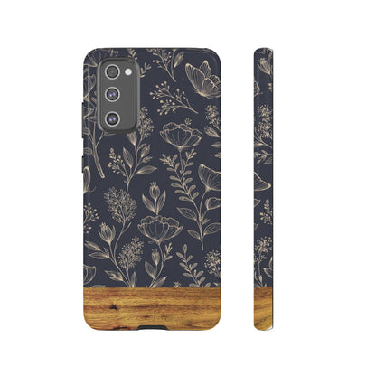 Floral Navy Tough Phone Case — Wood Accent Protective Cover
