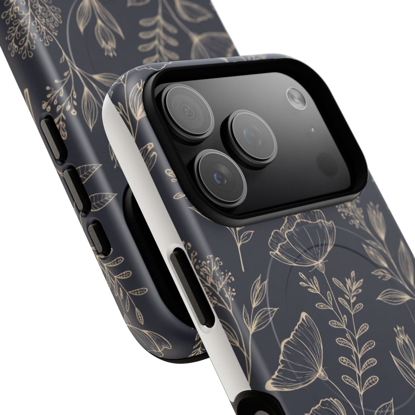 Floral Woodgrain Tough Magnetic Phone Case — Navy Botanical Protection