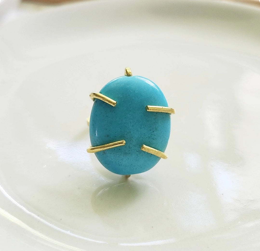 Bright Blue Natural Turquoise and Brass Adjustable Ring