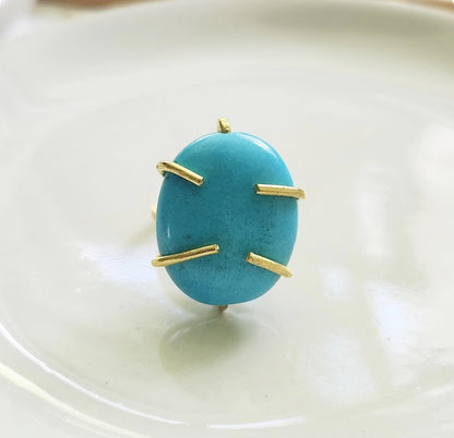 Bright Blue Natural Turquoise and Brass Adjustable Ring