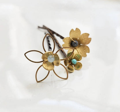 Brass Flower and Aquamarine, Turquoise and Lapis Hairpins