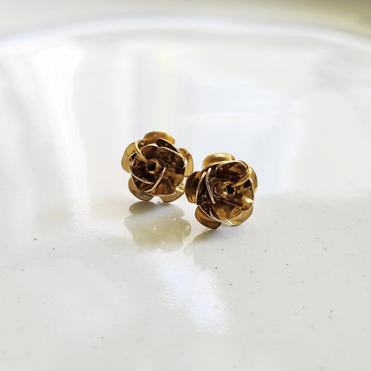 Antiqued and Golden Brass Rose Flower Post/Stud Earrings