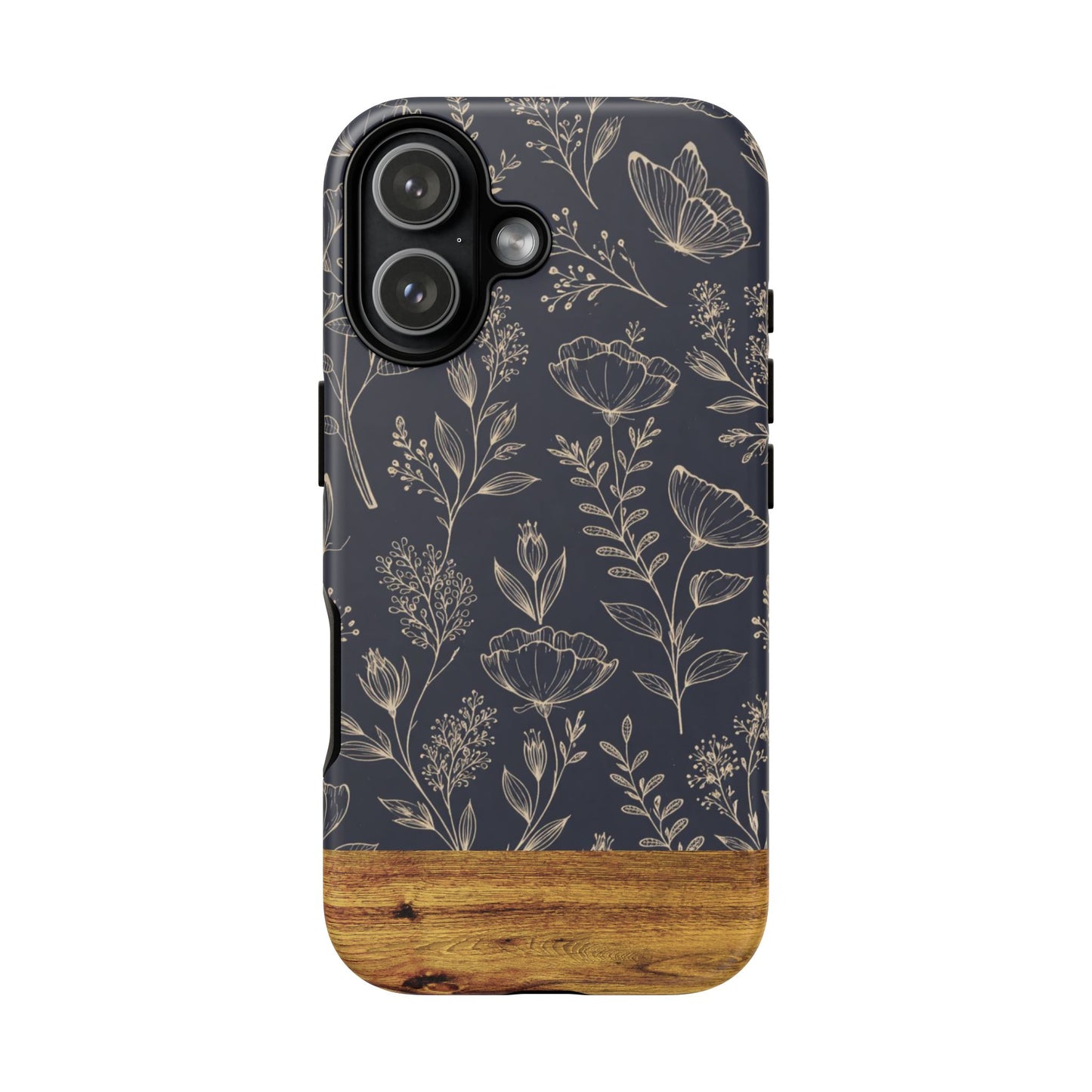 Floral Navy Tough Phone Case — Wood Accent Protective Cover