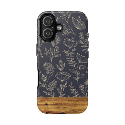 Floral Navy Tough Phone Case — Wood Accent Protective Cover