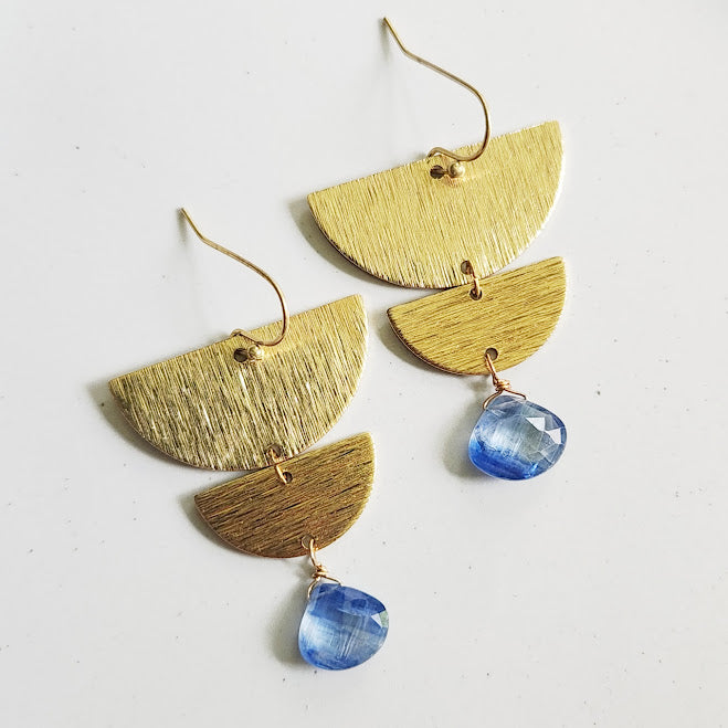 Blue Kyanite and Texture Brass, Silver Moon Phase Earrings