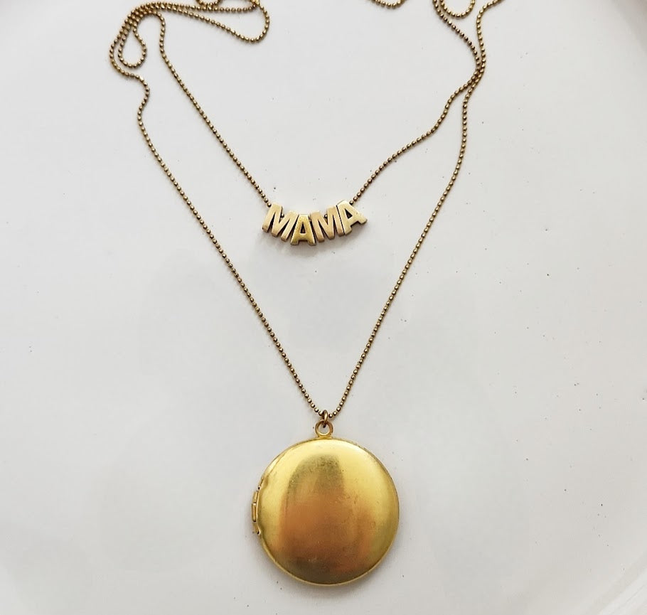 Mama Brass Block Letter Beaded Necklace with Locket Pendant