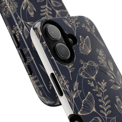 Floral Woodgrain Tough Magnetic Phone Case — Navy Botanical Protection
