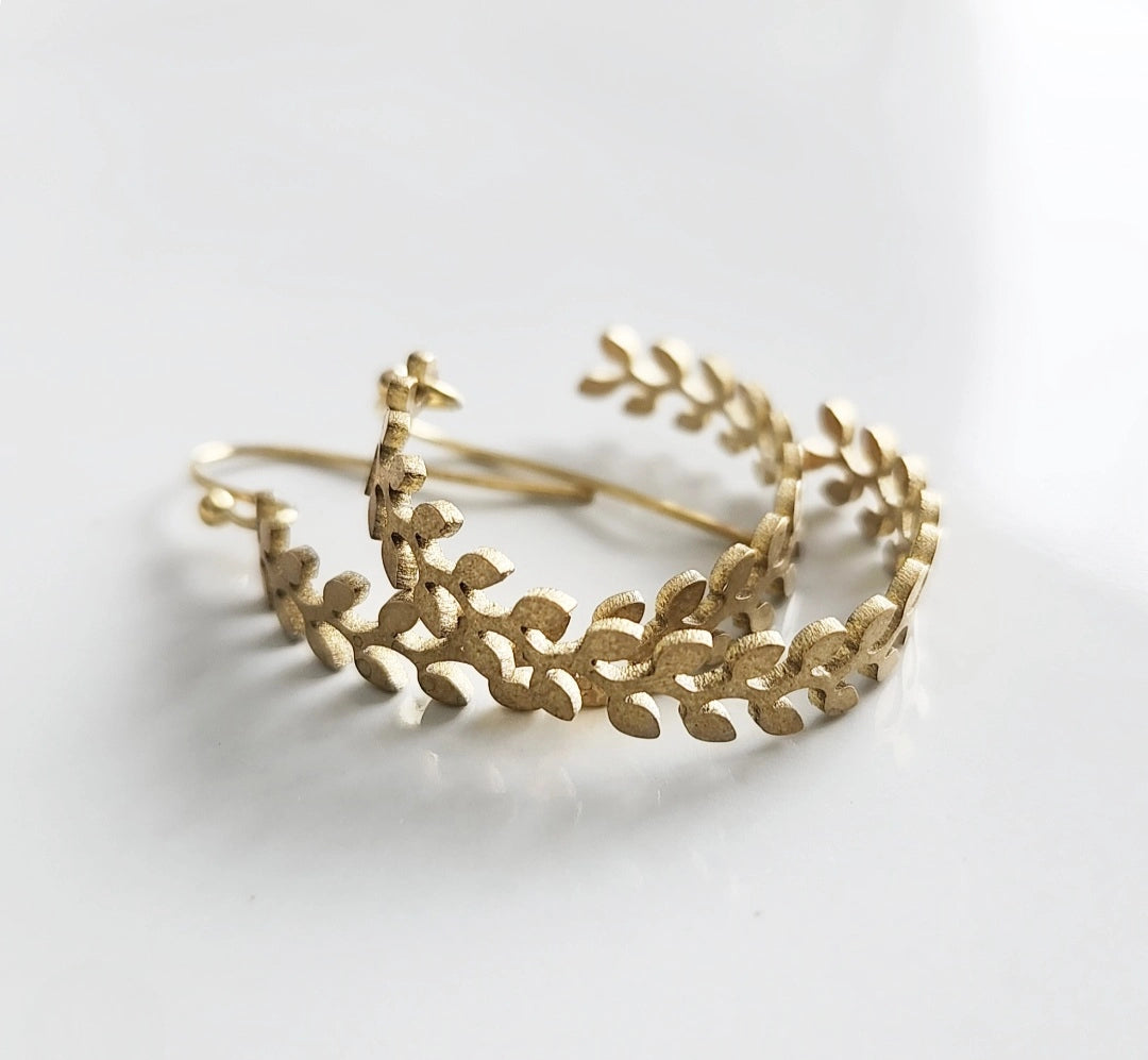 Brass Fern, Olive & Myrtle Leaf Hoop Dangle Earrings