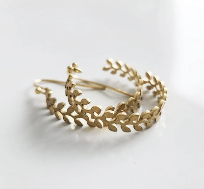 Brass Fern, Olive & Myrtle Leaf Hoop Dangle Earrings