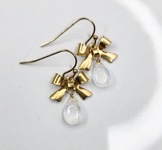 Rainbow Moonstone and Brass Bow Charm Matching Jewelry Set