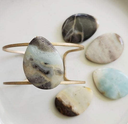 Wire Wrapped Black Gold Amazonite Teardrop and Brass Cuff