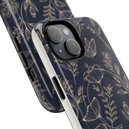 Floral Woodgrain Tough Magnetic Phone Case — Navy Botanical Protection