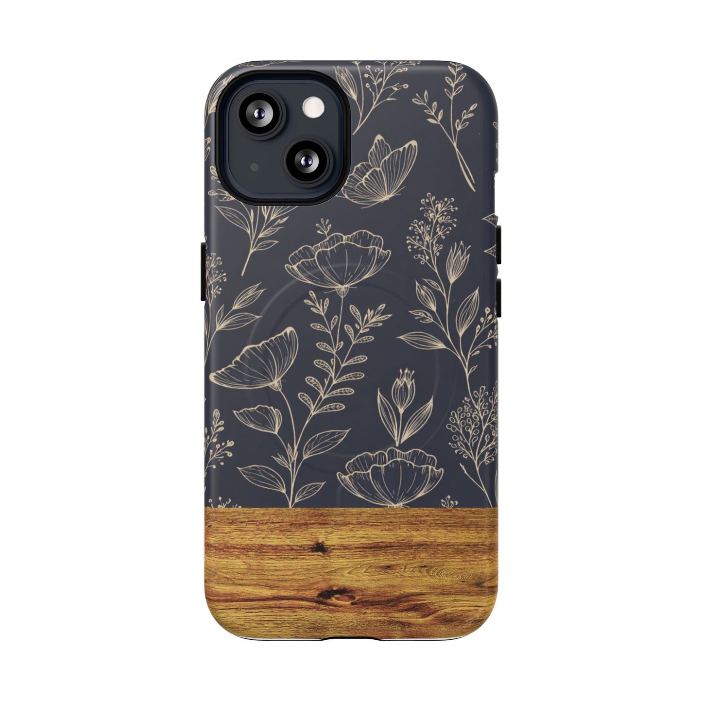 Floral Woodgrain Tough Magnetic Phone Case — Navy Botanical Protection