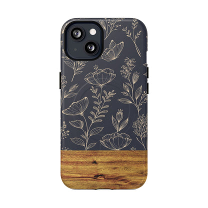 Floral Woodgrain Tough Magnetic Phone Case — Navy Botanical Protection